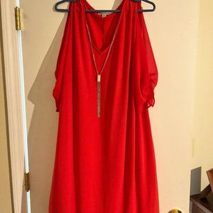 Orange Cold Shoulder Dress with Silver Necklace attached